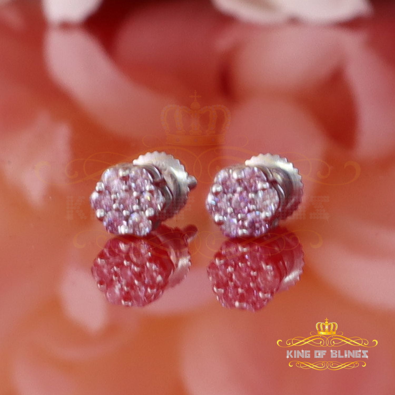 King of Bling's 925 Silver White 0.25ct VVS D Pink Moissanite Floral Men's/Women's Stud Earrings