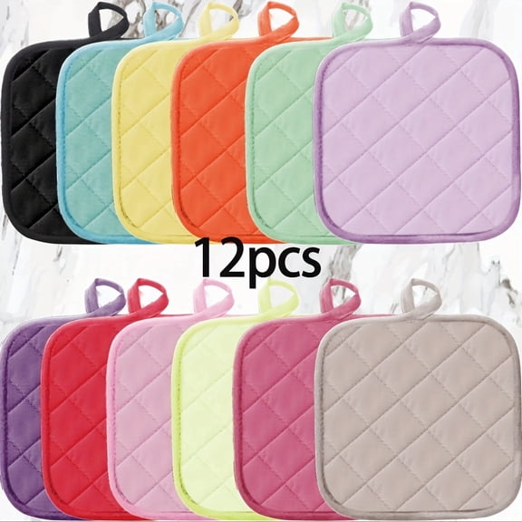 QUTETN 12-Piece Quilted Heat-Resistant Pot Holders – Assorted Colors, Square Insulation Pads with Hanging Loop for Kitchen, Dining & Baking – Washable Tabletop Protectors