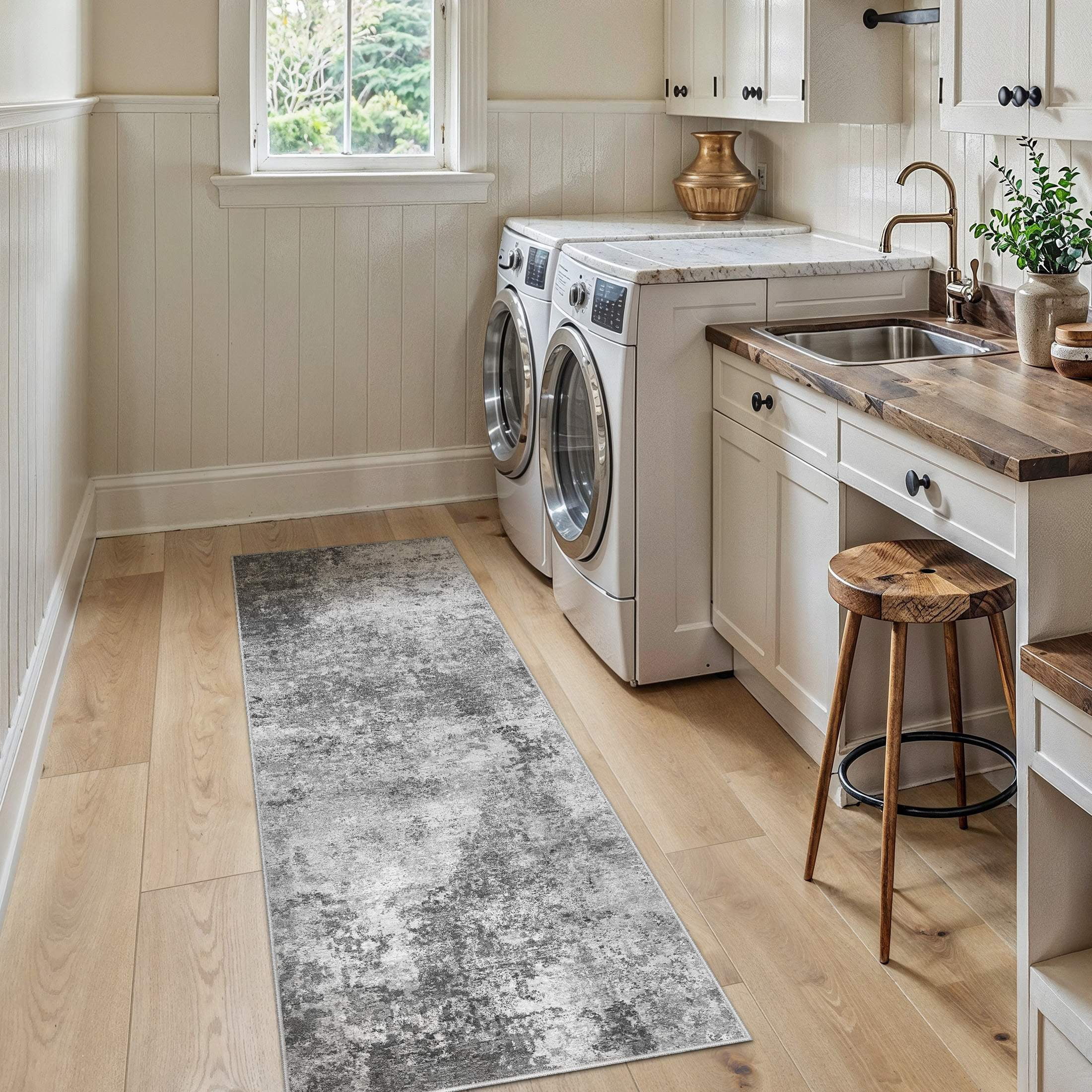 UERMEI 2'x6' Runner Rug, Washable Non-Slip Indoor Runner Rug for Kitchen Halfway Laundry Bedroom Living Room Carpet Area Rug, 2x6 ft Abstract Low Pile Kitchen Runner Rug, Dark Gray