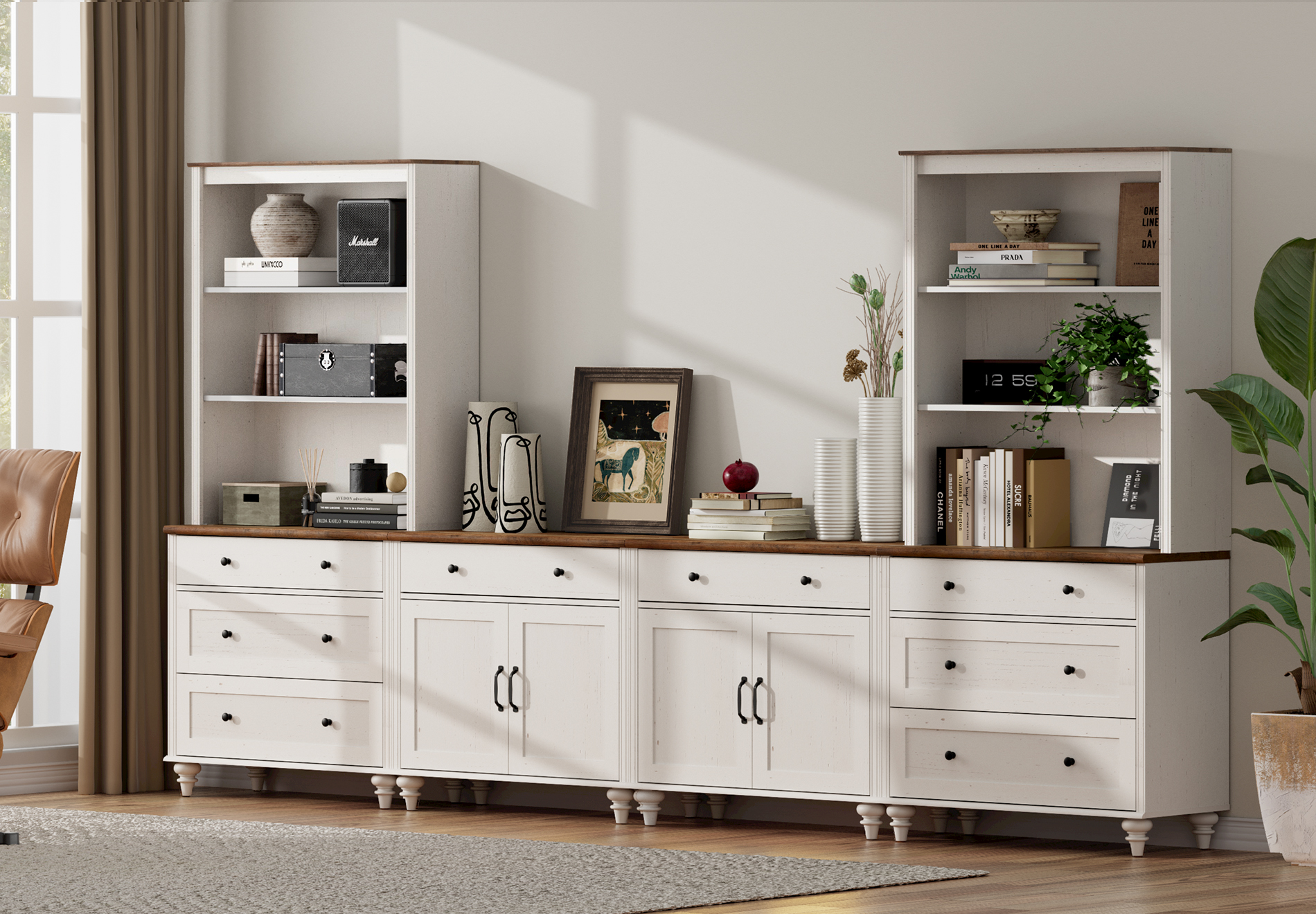 Large TV Stand with Bookshelves for TVs up to 75", Bookcase for Study Room, Living Room, Bedroom, White