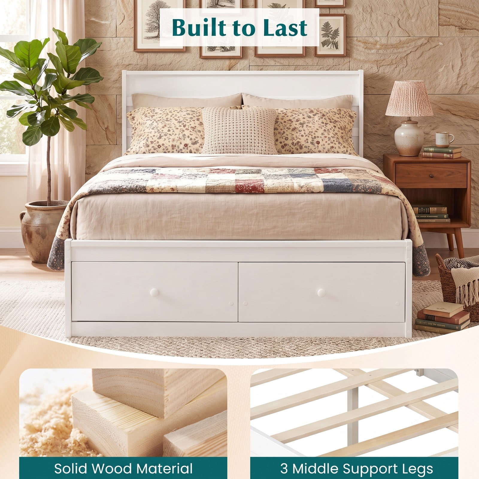 Furnibear Full Size Bed Frame with 2 Storage Drawers, Wood Platform Bed Frame with Plank Headboard for Bedroom and Guest Room, White