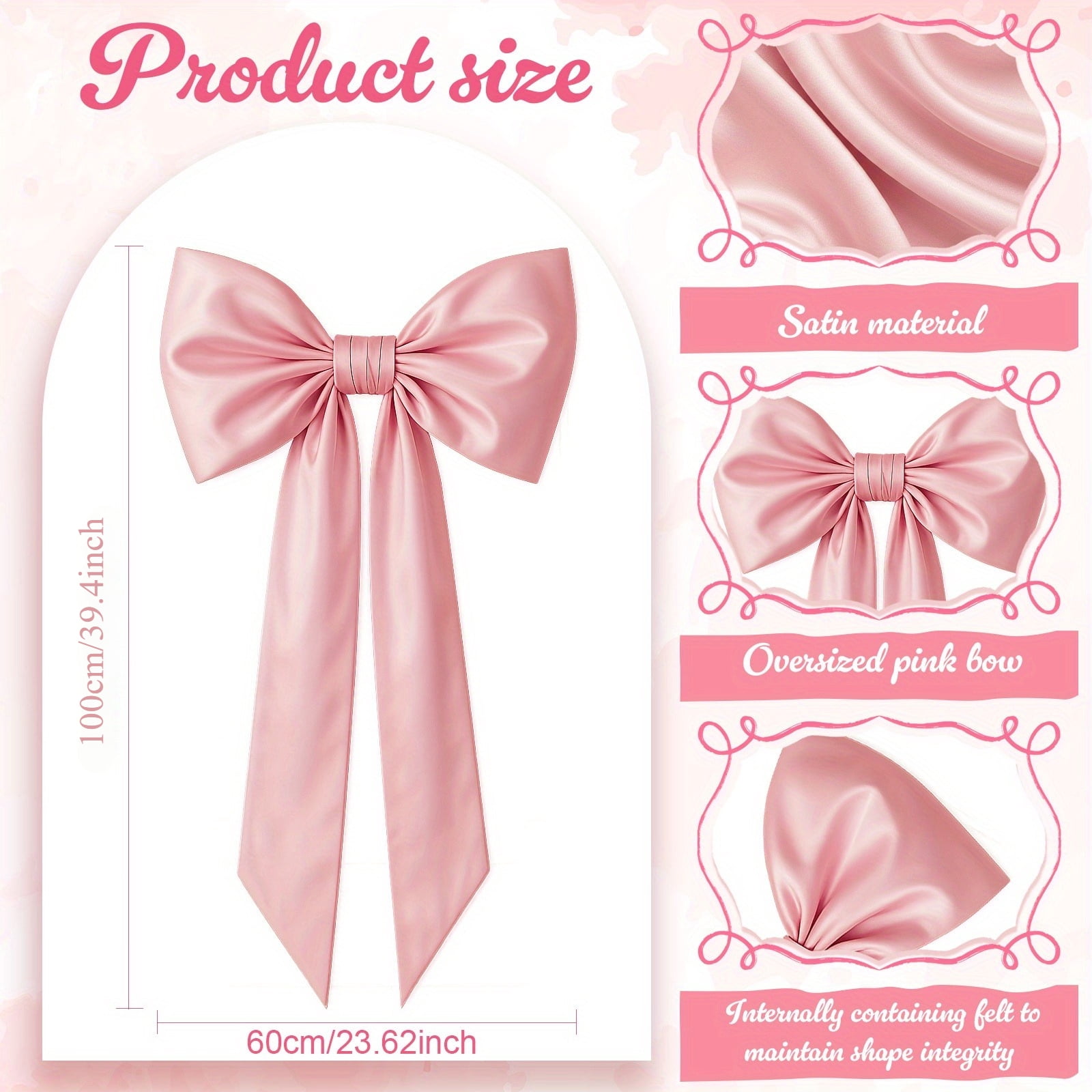 1 Pc Oversized Pink Satin Bow Decor with Long Tails, Large Elegant 23.62 x 39.4 Inch Statement Ribbon Bow for Wedding Birthday Party Door Wall Wreath Floral Backdrop Decoration Gift Accent