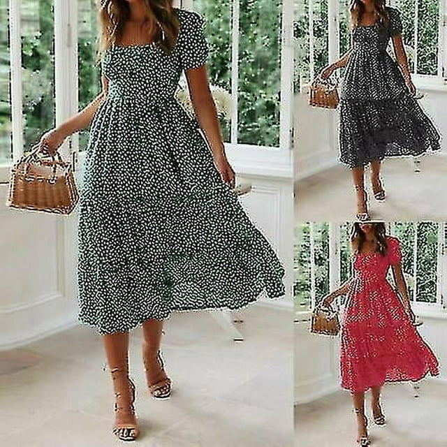 Vestido midi de playa floral bohemio para mujer Vestido veraniego con vuelo para fiesta de vacaciones de verano