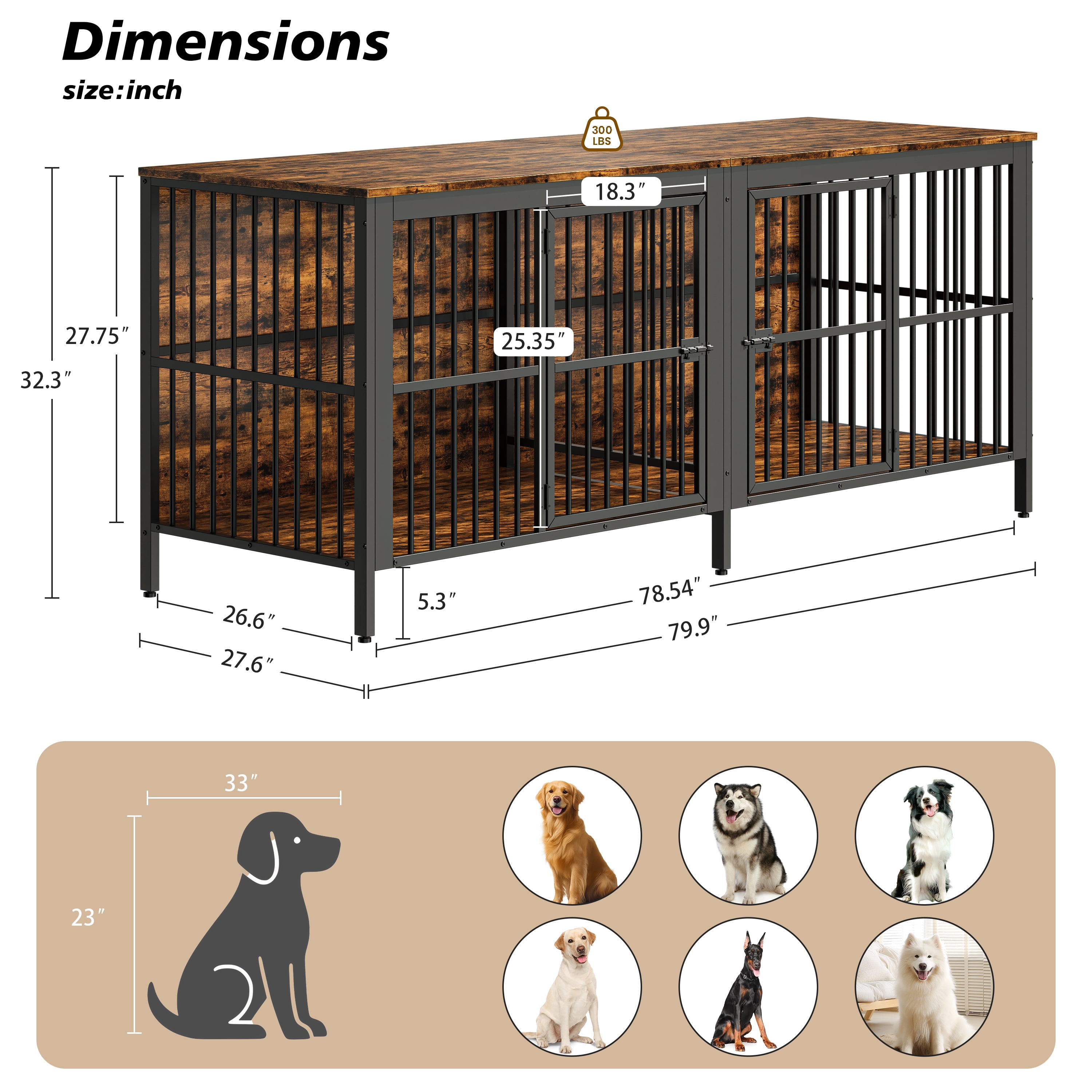 80" Dog Crate End Table, Heavy Duty 2-Door Indoor Pet Kennel, Multipurpose Dog House Furniture as TV Stand or Side Table for Living Room, Large & Medium Dogs