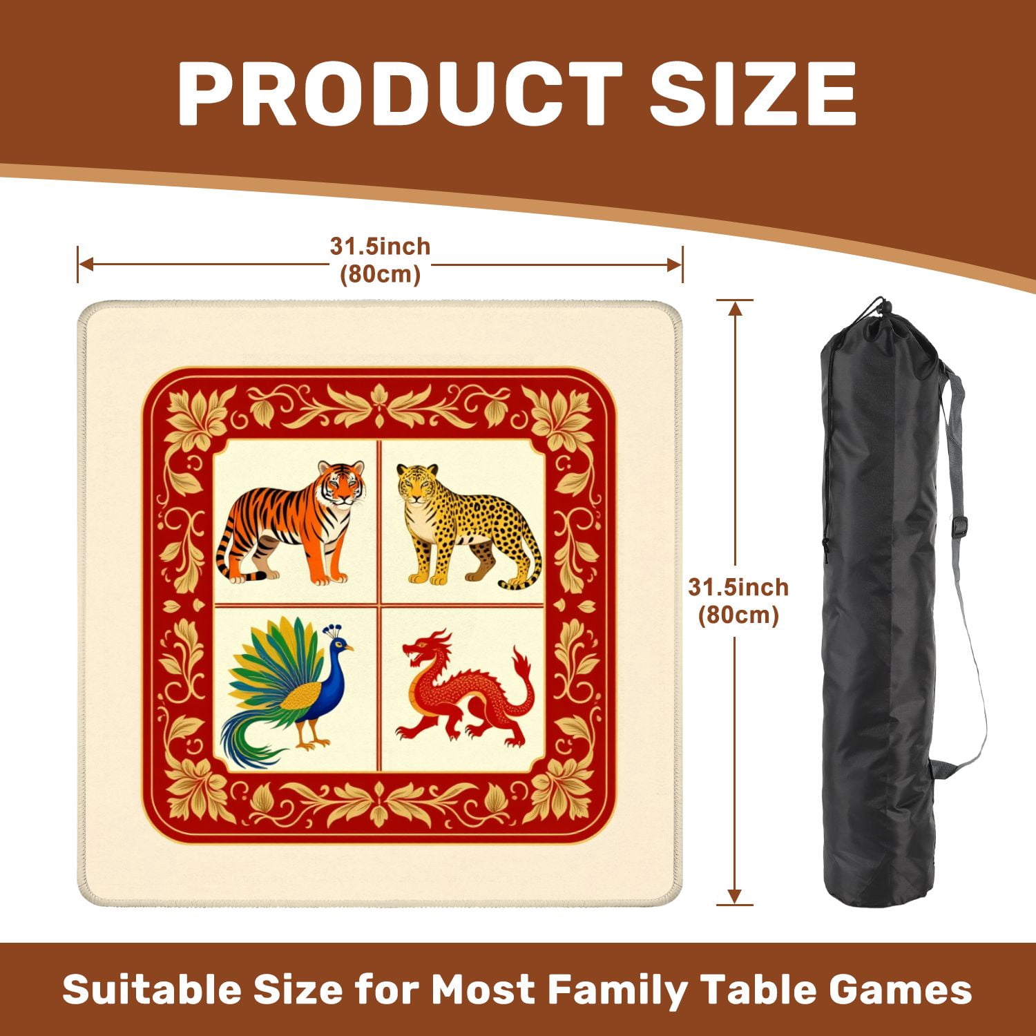 Mahjong Mat 31.5" x 31.5" Vintage Chinese Zodiac Animals Tiger Leopard Peacock Dragon Non-Slip Noise Reduction American Mahjong Tiles Table Cover for Dominoes Poker Card Board Games Gift