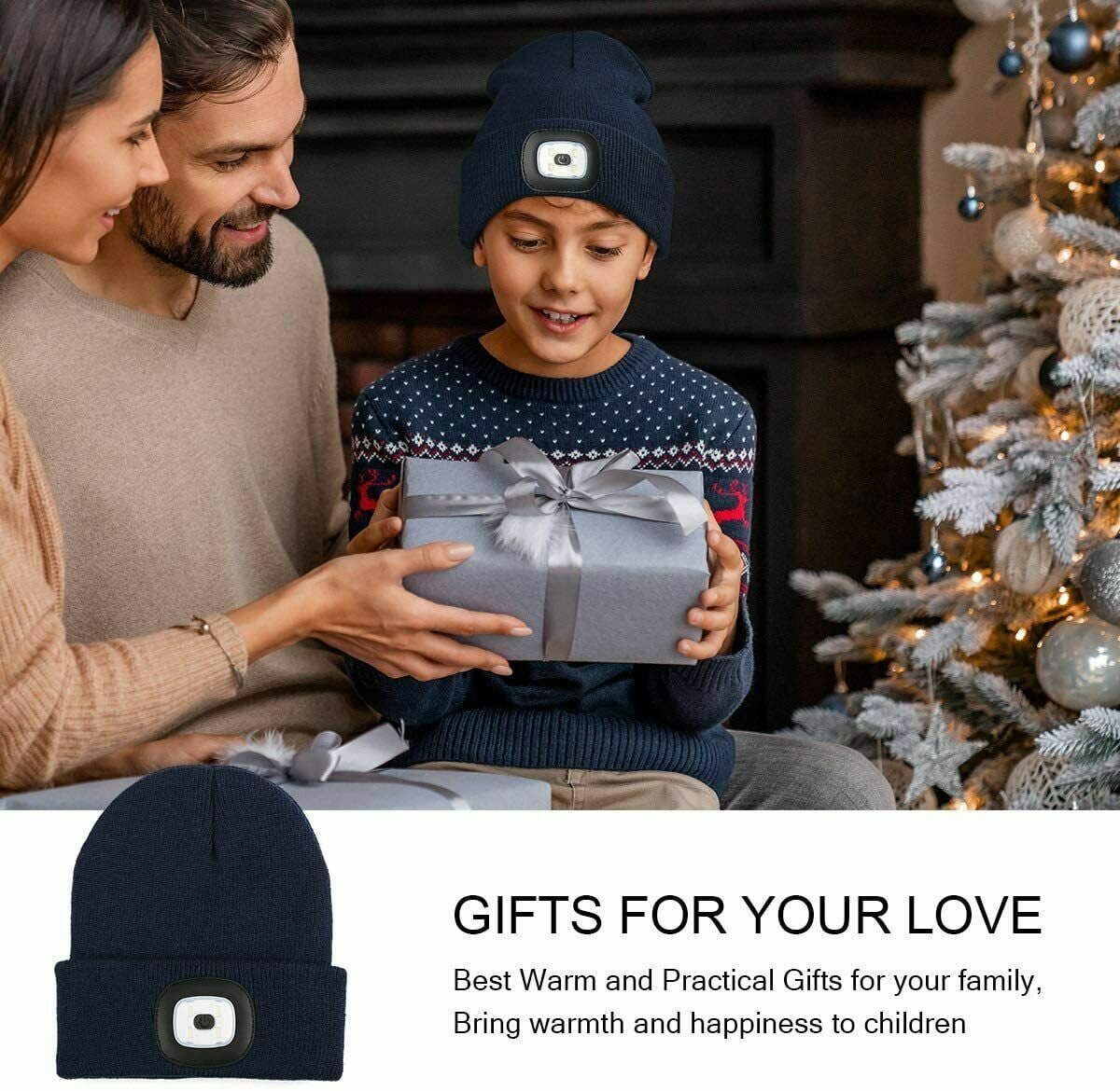 Unisex Hat with Light, 2 Pack USB Rechargeable Hands Free Headlamp LED Beanie,Gifts for Dad Father Men Husband Winter Warm Knitted Cap (Black & Navy Blue)