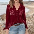 thumbnail image 2 of Sequins Velvet Tops Womens Dressy Casual Button Down Blouse Long Sleeve Lapel Collar Elegant Shirts with Pocket (L, Wine), 2 of 7