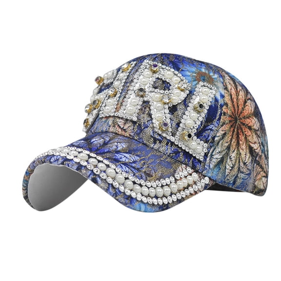 Gsakboxl Trucker Hat Women Sparkling Rhinestone Colorful Floral & Star Printed Adjustable Soft Baseball Cap Breathable Anti UV Casual Summer Duckbill Sun Visor Hat Blue