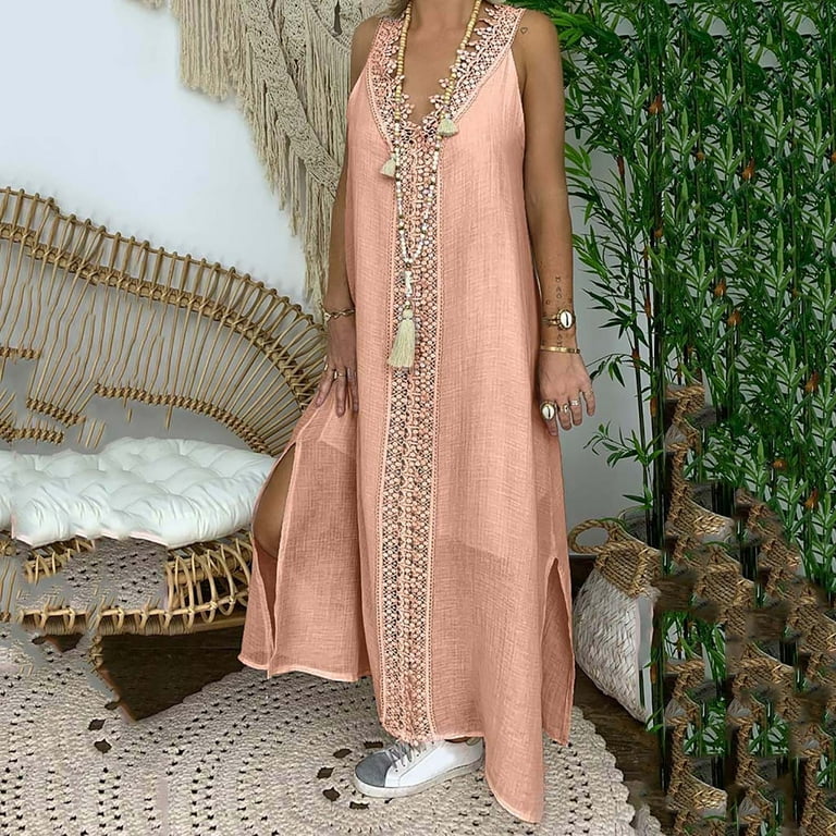 Tbopshirt Wedding Guest Dresses for Women,Women Plus Size V-neck Sleeveless Beach Loose Lace Patchwork Long Dress Maxi Dress