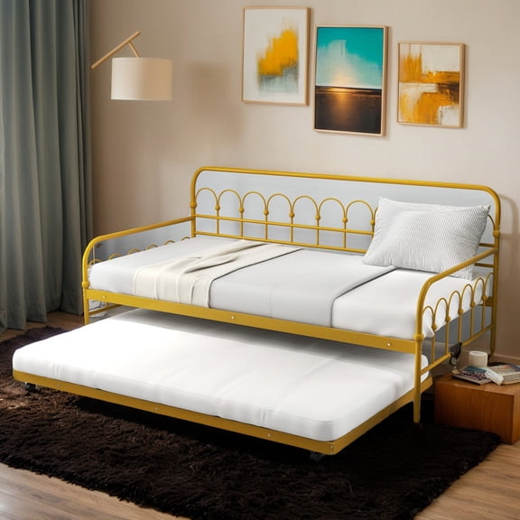Resenkos Modern Bed,Frame Bed, Twin Size Golden Metal Daybed with Trundle and Lockable Wheels-Twin Size