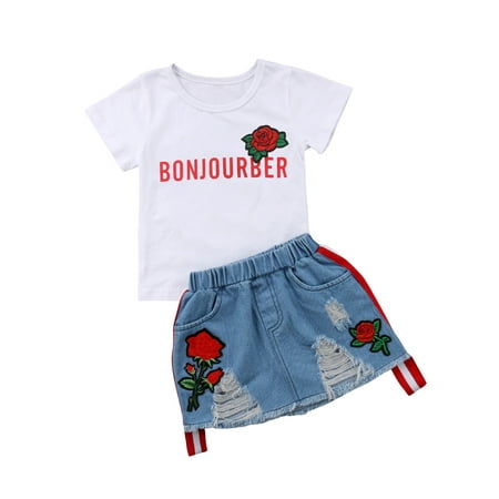 

Fullvigor Little Girls Rose Print White T-Shirt Top Embroidery Ripped Denim Skirt Outfit Set