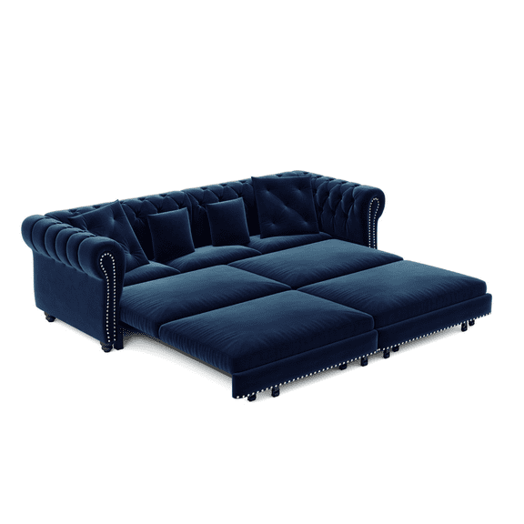 TICOZE 89" Blue Velvet Chesterfield Sofa Bed, 3-in-1 Convertible Sleeper Sofa with Ottoman, King Size Tufted Chaise Lounge for Small Spaces