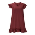 thumbnail image 4 of SYMOID Womens Solid V Neck Short Sleeve Mini Casual Summer Dress with Ruffle Hem,Wine,Size XL, 4 of 7