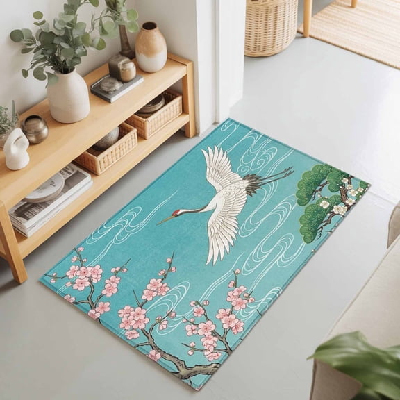 Japanese Crane Abstract Clouds Rectangle Rug 2'x3' Vintage Tree Blossom Washable Area Rugs for Living Room Bedroom Entryway Non Slip Entrance Door Mat Indoor Floor Carpet