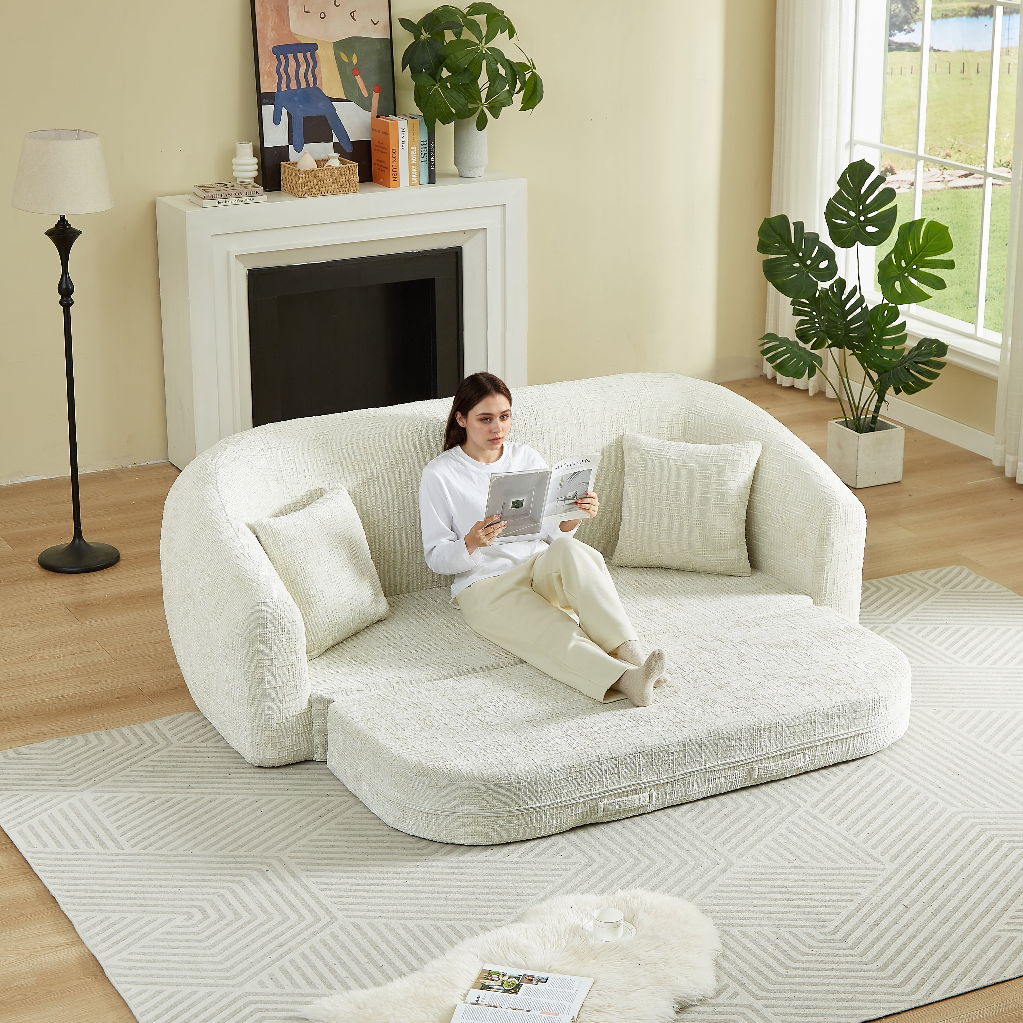 Leumius 87" Convertible Futon Sofa Bed, Corduroy Curved Boneless Couch with High Backrest, 2-in-1 Fold-Out Sleeper Sofa with Pull-out Couch Bed,Beige-Square Pillow