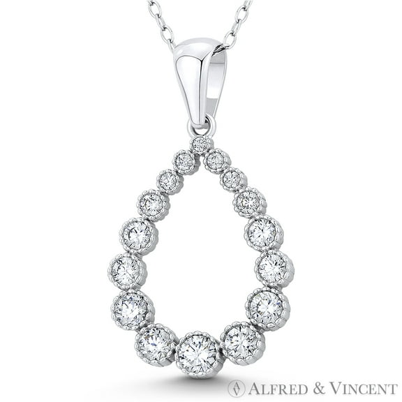 Cubic Zirconia Crystal Open Tear-Drop Fashion Pendant & Chain Necklace in .925 Sterling Silver w/ Rhodium