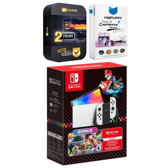 Nintendo Switch OLED Console Mario Kart 8 Deluxe Bundle with MightySkins Console and Controller Skin Voucher and 2 Year CPS Extended Warranty