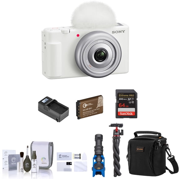 Sony ZV-1F Vlogging Camera, White Bundle with 64GB SD Card, Shoulder Bag, Shotgun Mic, Tripod, Extra Battery, Charger, Cleaning Kit