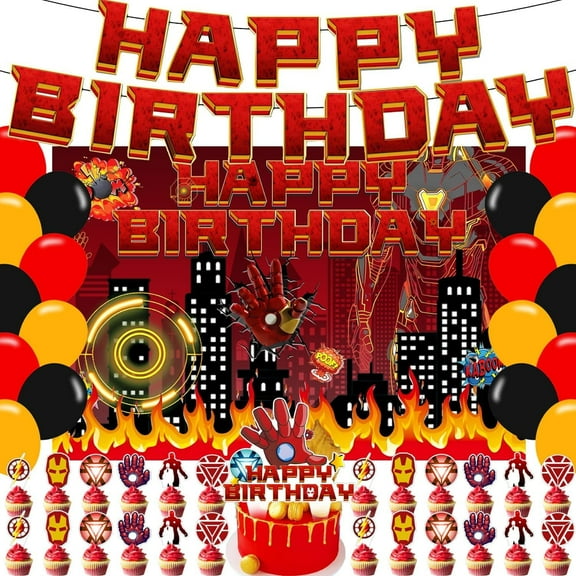 Iron Hero Birthday Party Supplies,Super Iron Hero Party Decorations Include Backdrop Banner Cake Topper Party Ballons for Cartoon Super Heros Party