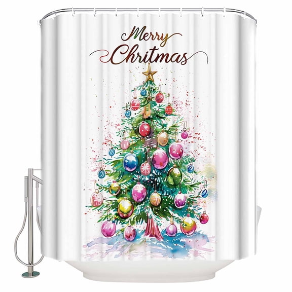 Small Stall Shower Curtain 48x72 Inch Narrow Half Size Christmas Tree Bath Curtains Bathroom Decor Xmas Tree Balls Watercolor Waterproof Fabric Shower Curtain Set with Hooks 48 Inch