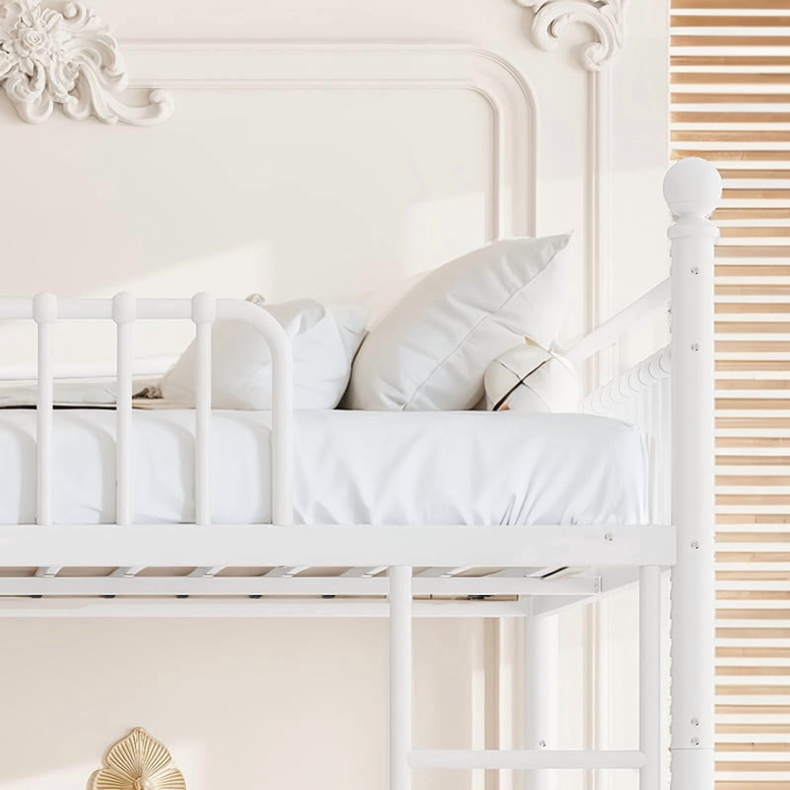 Queen over Queen Metal Bunk Bed with Curved Guardrail, Round Tube Bedpost Detachable Bed Frame for Kids, Teens & Adults
