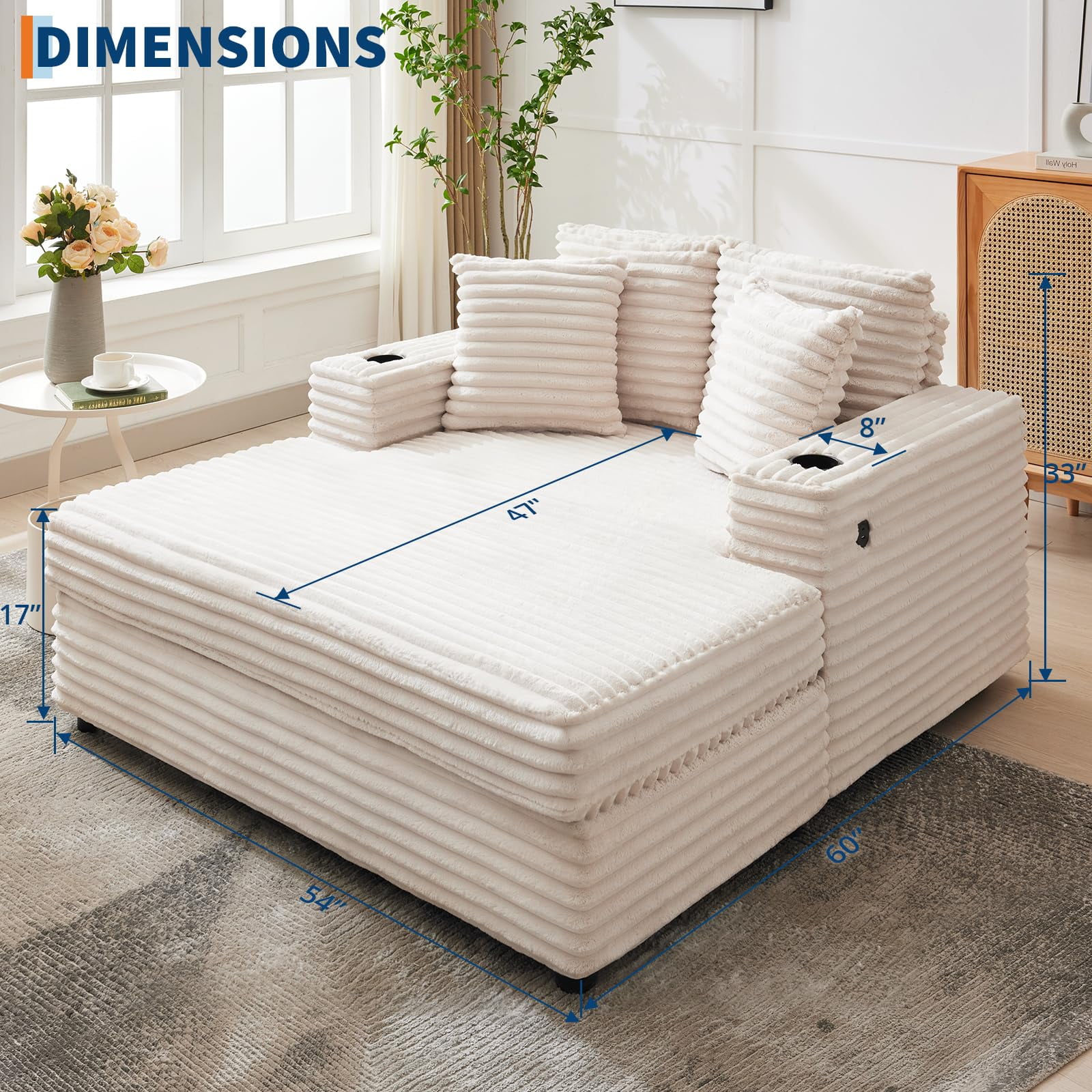 Oversized Corduroy Chaise Lounge Chair with Cup Holder & USB Charging Port, 54" Wide Plush Sofa with High-Density Foam & Supportive Springs for Living Room