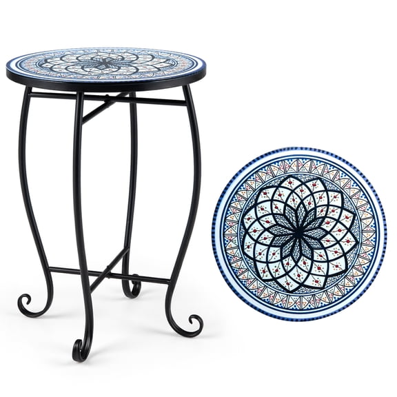 Gymax 14'' Coffee End Table Outdoor Side Table Blooming Lotus Mosaic Patio Accent Tablee White & Black