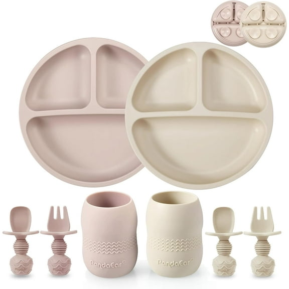 PandaEar Silicone Baby Feeding Set, 2 Pack - Divided Suction Plate, 2 Tiny Cup with Spoons, BPA Free, Light Tan/Pink