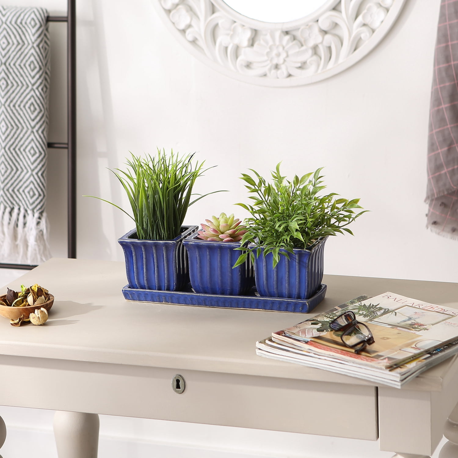 Zingz & Thingz 12" x 4" x 4" Square Blue Ceramic Plant Pot (3 Pieces)