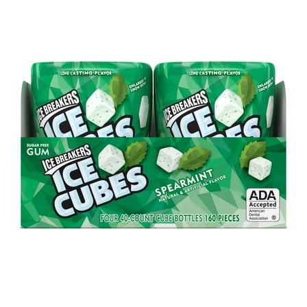 ICE BREAKERS, ICE CUBES, Spearmint Flavored Sugar Free Chewing Gum, Made with Xylitol, 40 Piece, Container, 4 Ct.