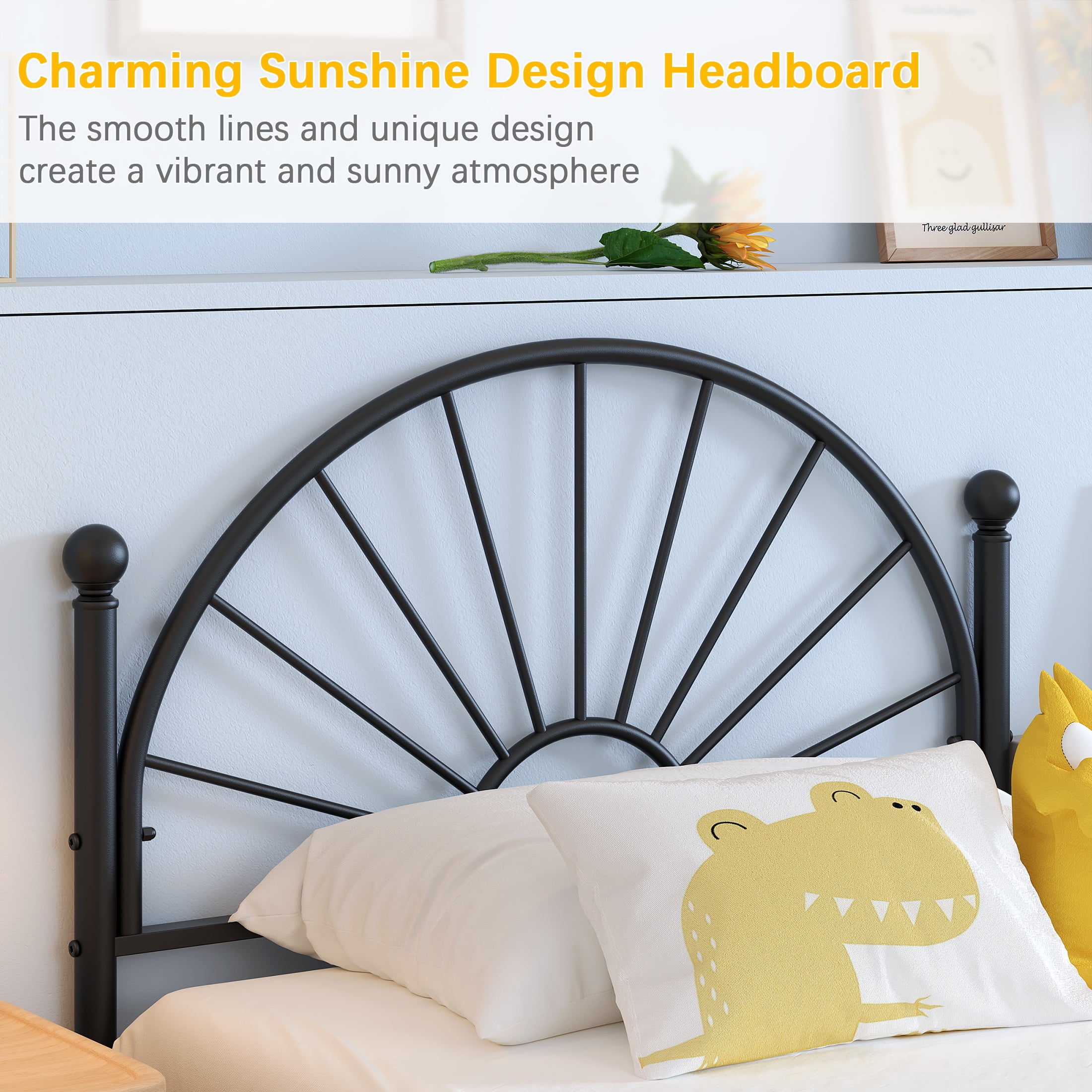 Yoneston Twin Metal Bed Frame with Unique Sun Curve Shape Headboard for Teens Kids Toddlers Bedroom Furniture, Black