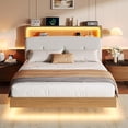 thumbnail image 3 of Honfach Queen Size Bed Frame with 2-Tier Storage Velvet Fabric Upholstered Headboard, Wooden Platform Bed Frame w/Charging Station & LED Lights,Walnut, 3 of 9