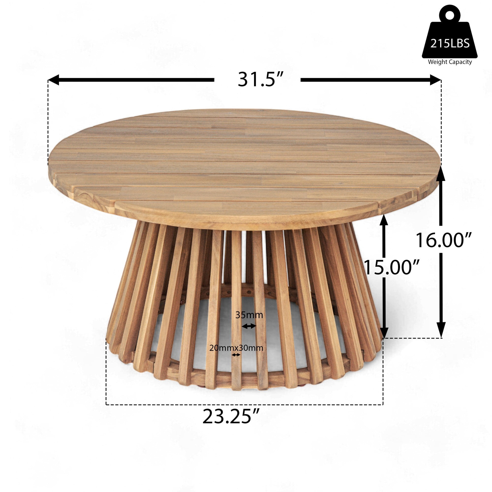 Outdoor Acacia Wood Coffee Table, 31.5" Round Patio Coffee Table for Backyard Balcony Lawn, Weather Resistant Wood Table, Light Teak