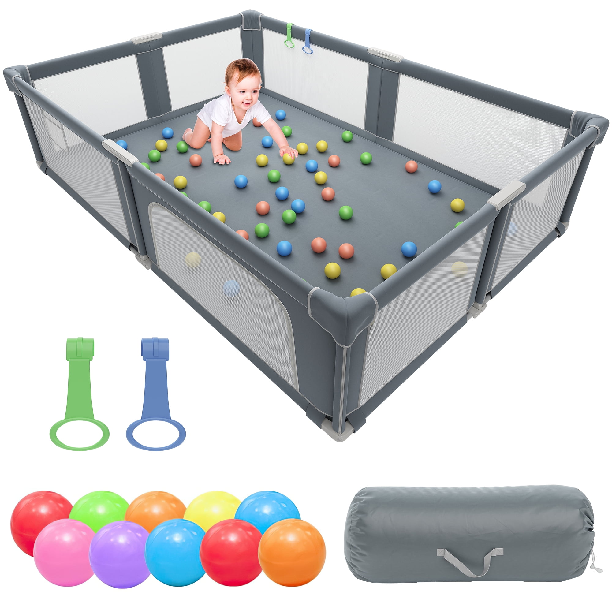 73“×61” Baby Playpen with Mat, Extra Large Baby PlayYards,Child Play Yard with Breathable Mesh for Indoor&Outdoor, Deep Gray