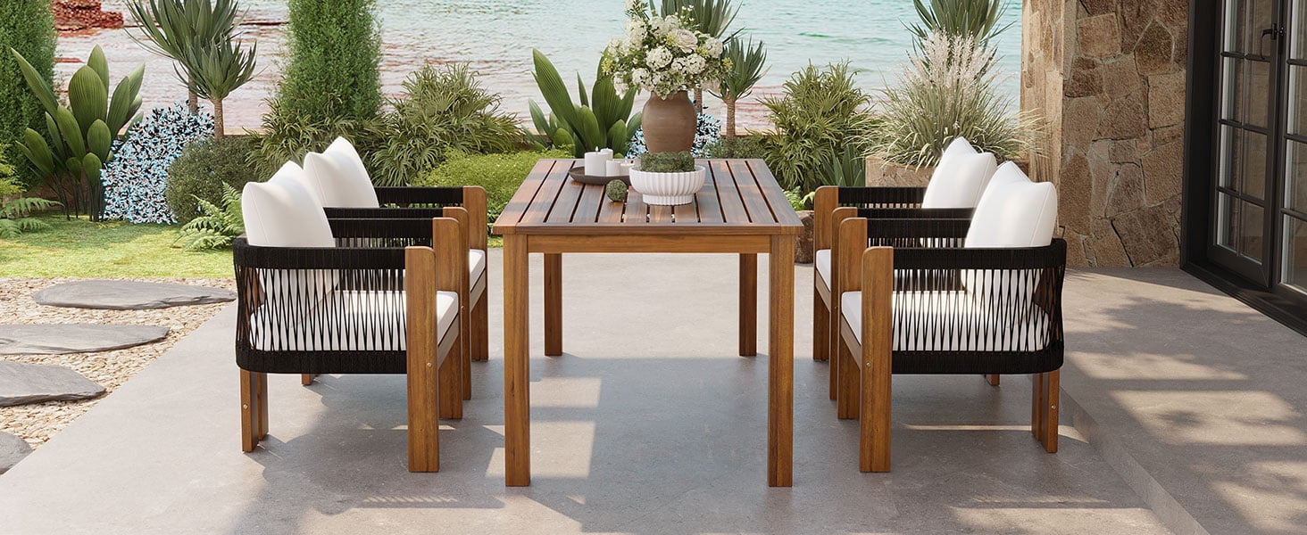 Mintazer 63" 5-Piece Outdoor Dining Set with Rope Woven High Back Chairs & Cushions, Farmhouse Dining Furniture Set for Garden Backyard Poolside, Brown & Black