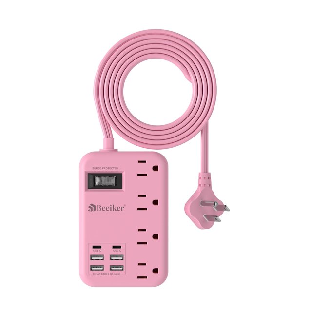 Power Strip Beeiker 6 USB (2 USB C) con 4 salidas, cable de 5 pies, rosa