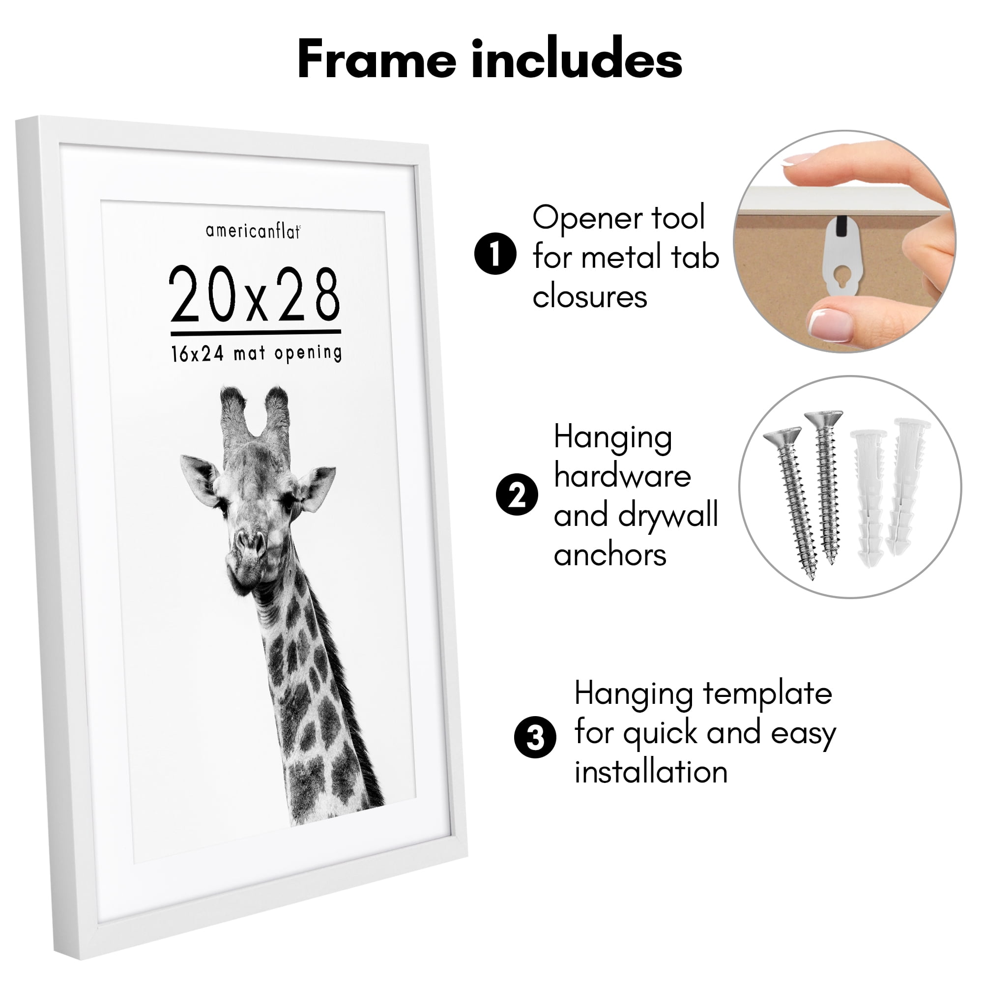 Americanflat 20" x 28" Gallery-Style Picture Frame with Mat to Secure Artwork, Prints, and Photos - White