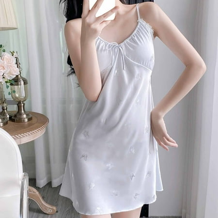 Xysaqa Women Sleepwear Sexy V Neck Nightgown Mini Slip Chemise Cute Print Short Nightwear Womens Lingerie Sleep Dress M-XL Summer Savings