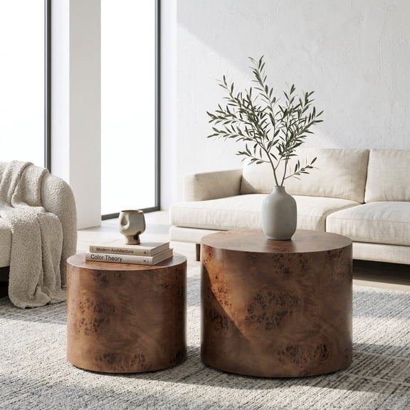 Nesting Round Coffee Table Set of 2 - Brown Burl Wood Accent Tables for Living Room