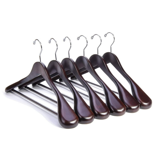 Nature Smile Perchas de madera de caoba de lujo para trajes – Paquete de 6 – Perchas de madera para abrigos, chaquetas, ropa de abrigo, perchas para camisas, acabado brillante con hombro extra ancho,