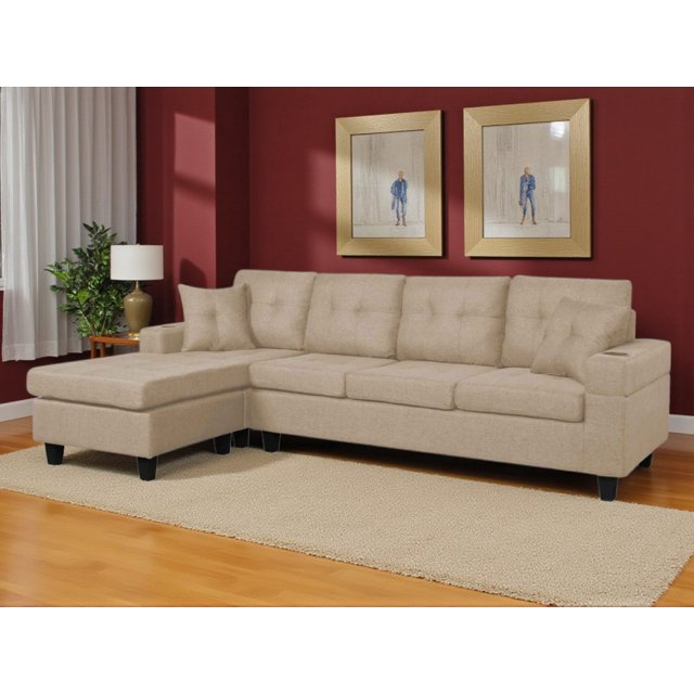 Cosmic Homes Bexen Canapé Sectionnel Rembourré en Tissu avec Méridienne Réversible – Canapé en L Beige avec Porte-Gobelets
