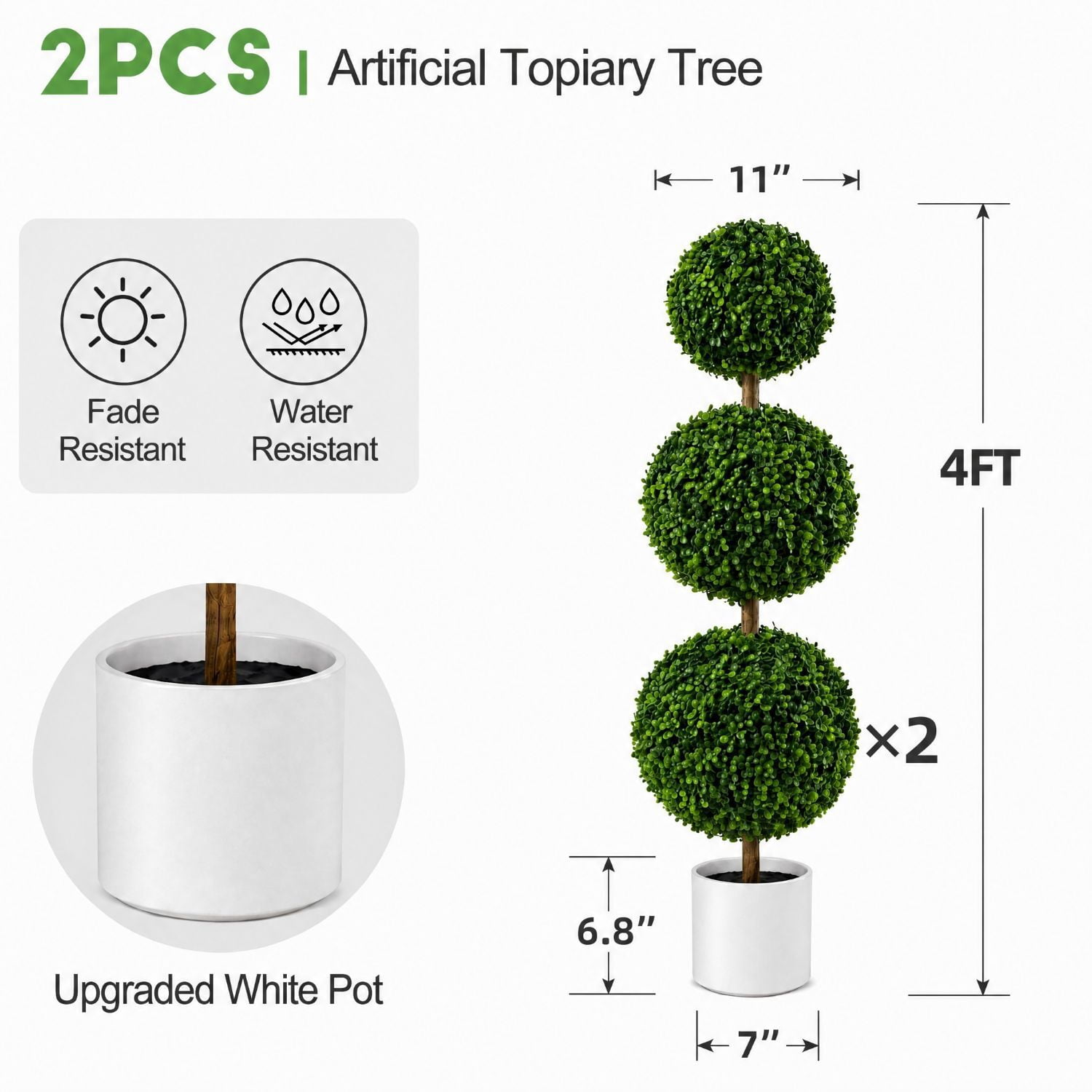 Easy4Home 2-Pack 4FT Artificial Triple Ball Boxwood Topiaries Trees Potted Faux Floor Plants – Simple Assembly Needed