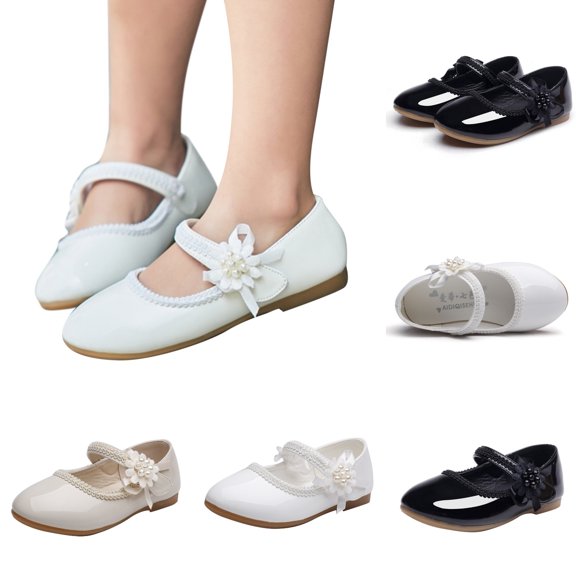 LYHaoo Girls Flat Dress Shoes,Mary Jane Princess Flower Girl Shoes Ankle Strap Party School Shoes Wedding,Beige,Sizes 7(5.51") Toddler