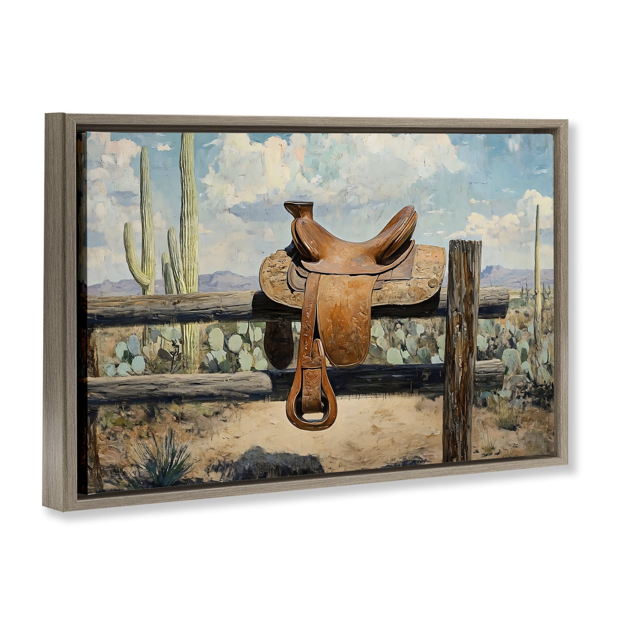 Stupell Industries Saddle on Desert Fence Brown Framed Floater Canvas Wall Art, design by Franklyn Gregory
