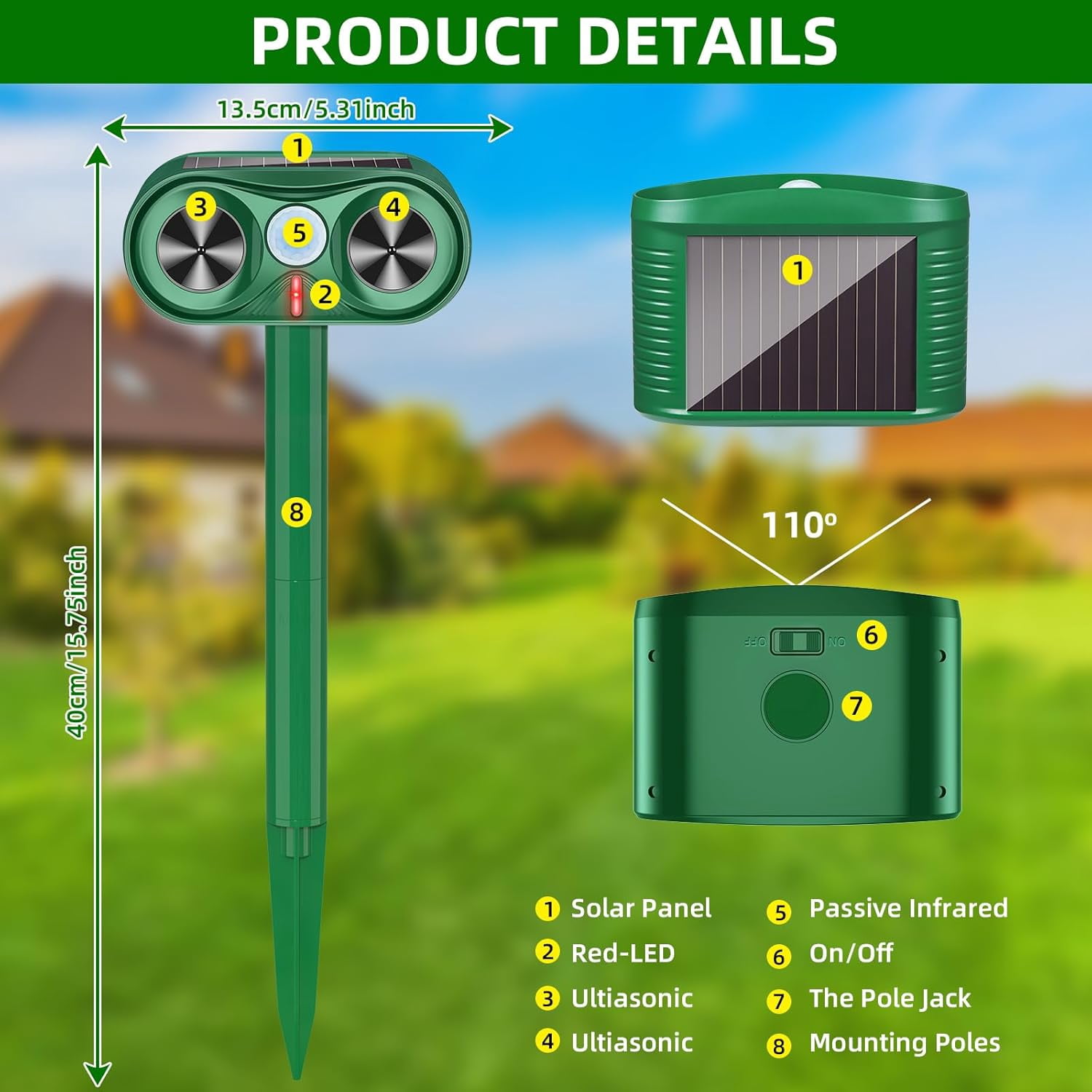 JINYI  Outdoor Solar Animal Repellent with Motion Sensors to Scare Off Coyote, Rabbit, Squirrel, 2 Pack