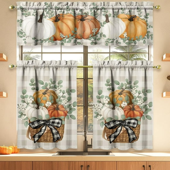 Fall Thanksgiving Pumpkin Kitchen Curtains Valances and Tiers 3 Piece Set,Eucalyptus Buffalo Plaid Rod Pocket Kitchen Curtain over Sink Window,Farmhouse Cafe Curtains for Autumn Decor 36 Inch (Orange)