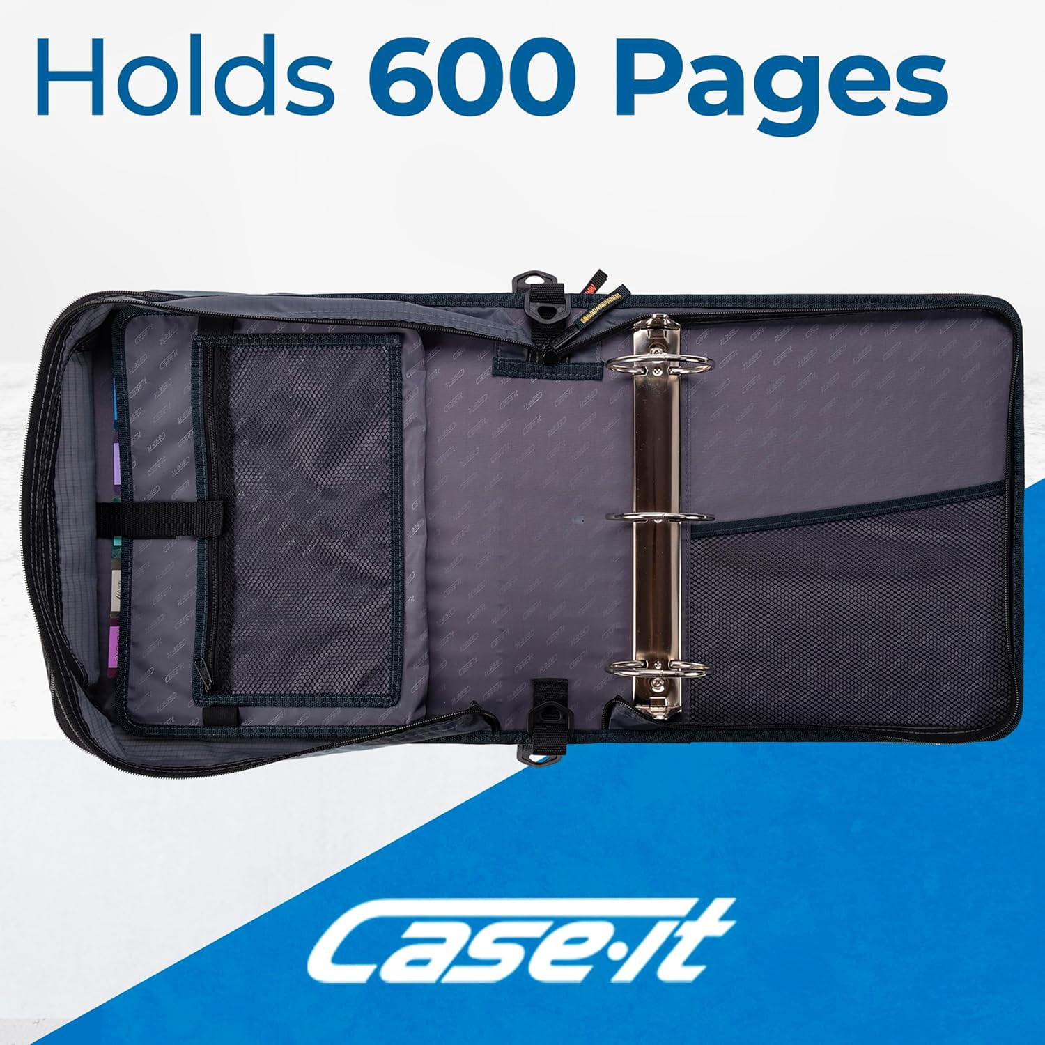Case-it The Mighty Zip Tab Zipper Binder, 3 Inch O-Rings, 5 Color
