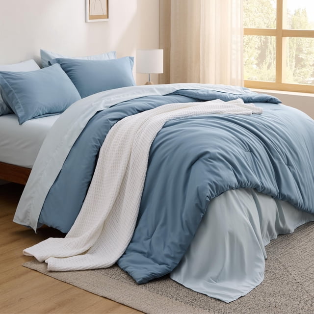 Juego de edredón Bedsure Oversize Queen, azul grisáceo, 7 piezas