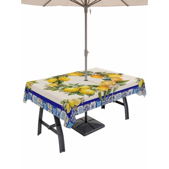 Outdoor Tablecloth with Umbrella Hole for Patio/Picnic/Party/Camping, Summer Lemons Waterproof Table Cloth Rectangle Table Cover Washable, Vintage Yellow Fruit Flower Blue Ethnic Plaid (60"x 84")