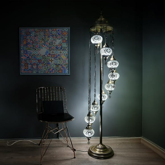 Asylove Turkish Lamp 9 Globe Mosaic Floor Lamp Mosaic Standing Lamp 9 Globe Mosaic Moroccan Lamps Floor Lamp For Decorative Home Designs Offer 5 Inch Globe - Total Height 70 Inch (White)